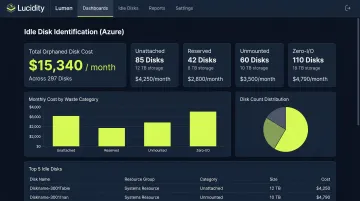 Lucidity Lumen dashboard displaying four idle managed disk categories and wasted spend
