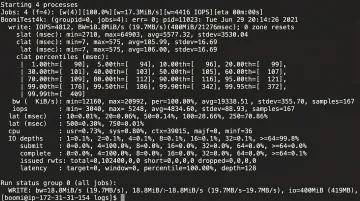 FIO disk benchmarking tool terminal output showing IOPS and throughput metrics on Linux