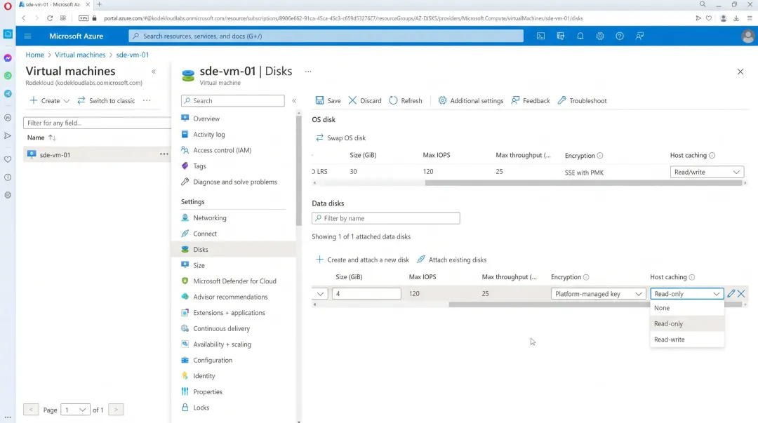 Azure portal disk attachment interface showing Ultra Disk configuration settings
