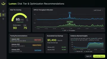 Lucidity Lumen dashboard displaying disk tier recommendations and annual cost savings