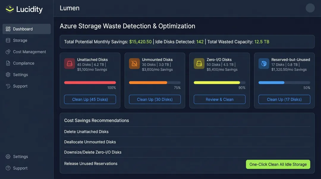 Lucidity Lumen dashboard displaying idle disk categories and storage cost savings