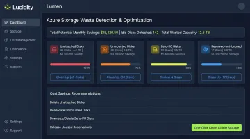 Lucidity Lumen dashboard displaying idle disk categories and storage cost savings