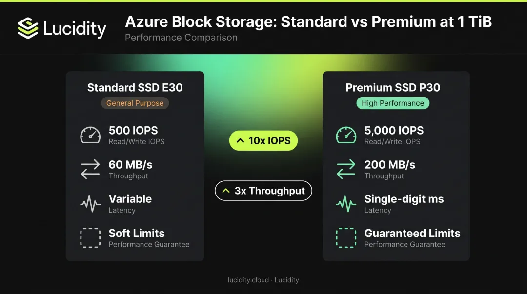 Standard SSD versus Premium SSD IOPS throughput and latency comparison infographic
