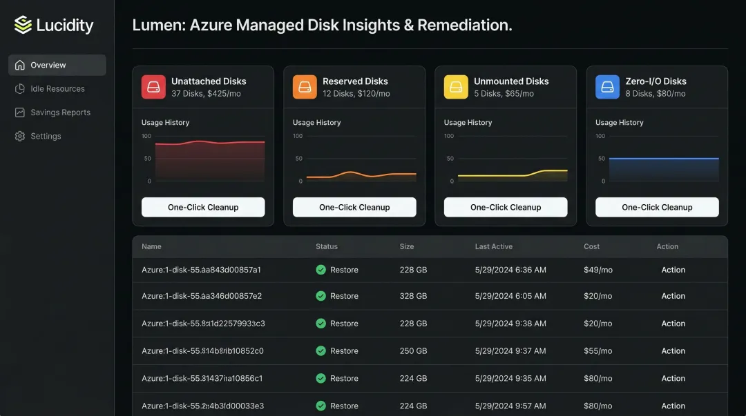 Lucidity Lumen dashboard identifying unattached and idle Azure Managed Disks for cleanup
