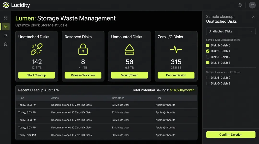 Lucidity Lumen dashboard displaying four idle disk categories with one-click cleanup interface
