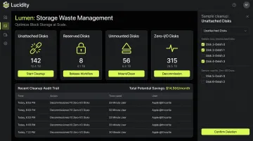 Lucidity Lumen dashboard displaying four idle disk categories with one-click cleanup interface