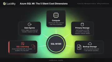 Azure SQL Managed Instance five cost dimensions compounding billing breakdown infographic