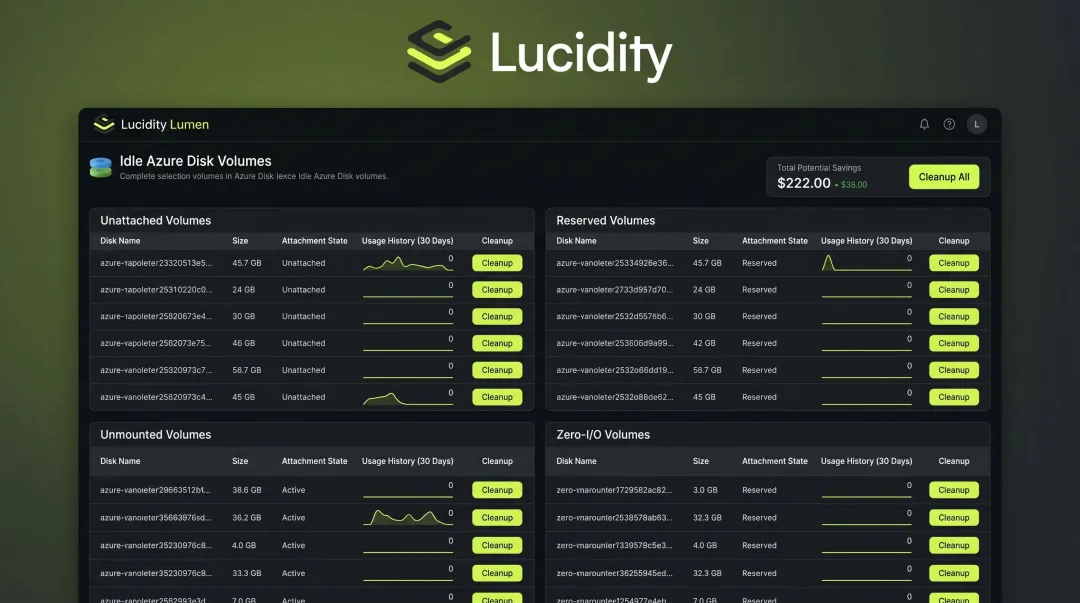 Lucidity Lumen dashboard displaying idle Azure disk volume categories and cleanup options