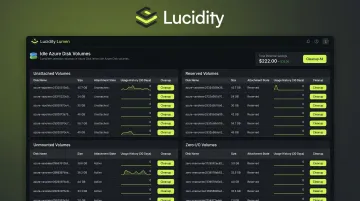 Lucidity Lumen dashboard displaying idle Azure disk volume categories and cleanup options