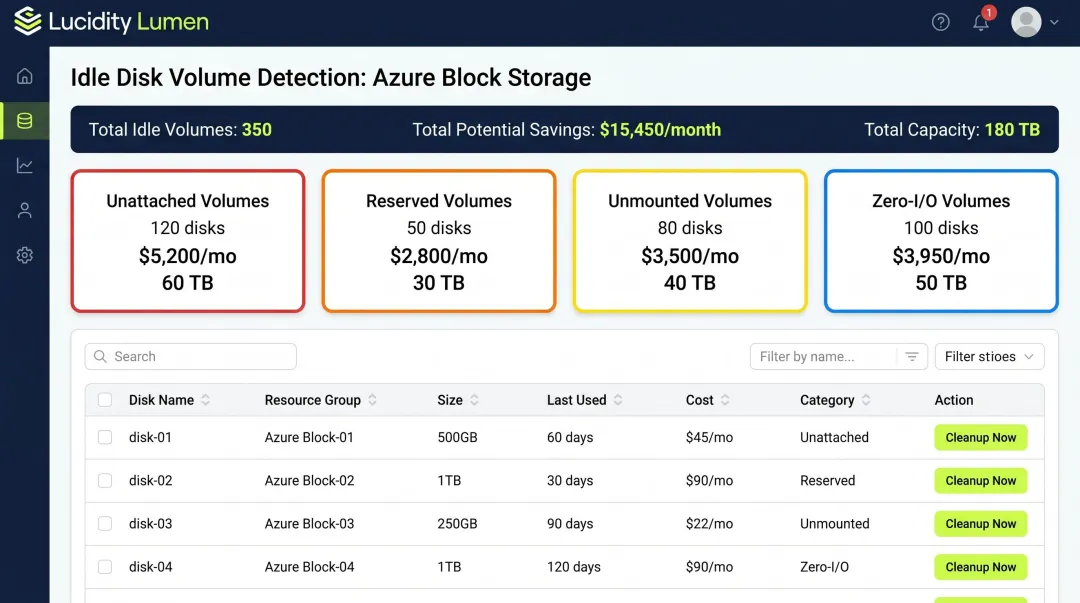Lucidity Lumen dashboard identifying idle and over-provisioned Azure disk volumes for cleanup