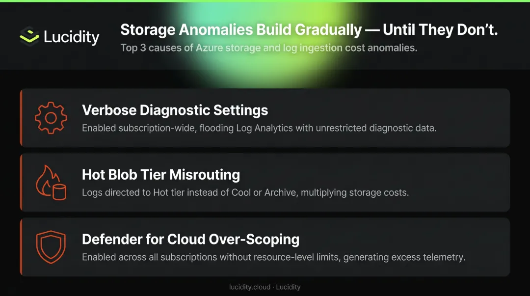 Three common Azure log ingestion and storage cost spike triggers infographic