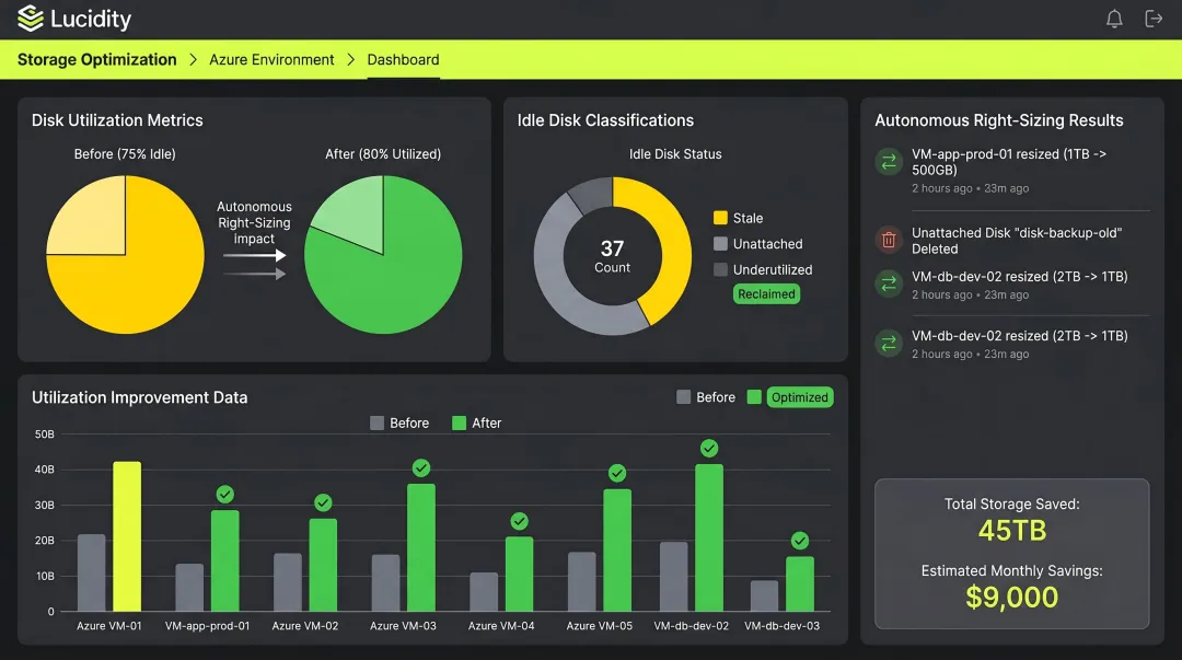 Lucidity storage optimization dashboard showing disk utilization improvement from 30 to 75 percent
