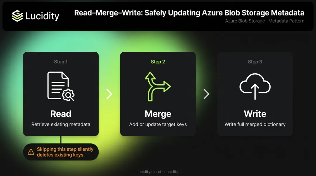 Three-step read-merge-write blob metadata update process flow diagram