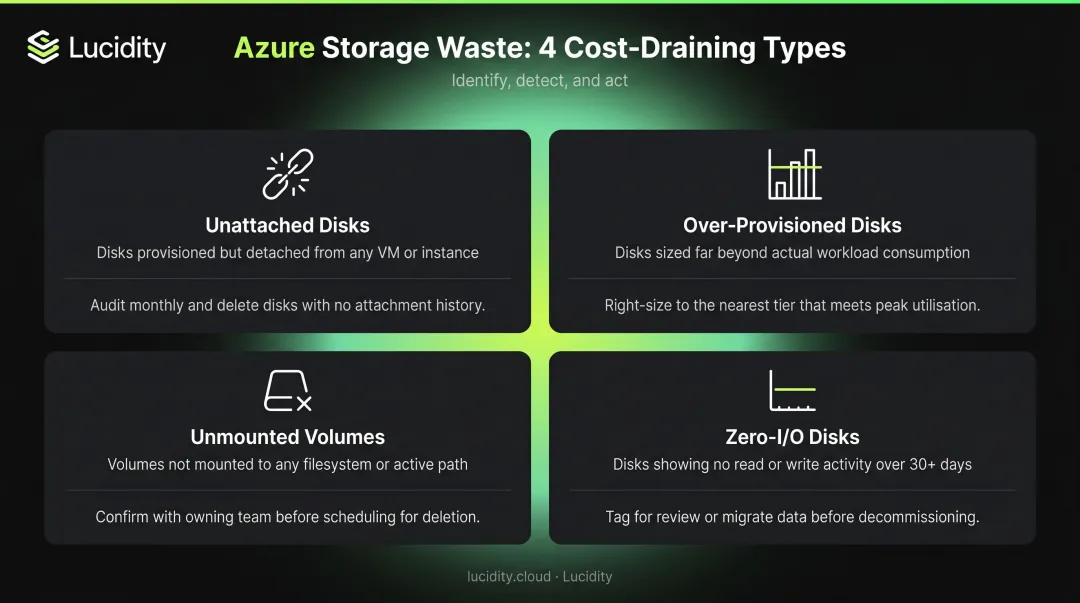 Four Azure storage waste categories classification infographic with descriptions and icons