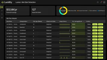 Lucidity Lumen dashboard displaying idle disk categories attachment state and savings estimates