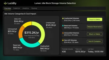 Lucidity Lumen dashboard identifying four types of idle block storage volumes
