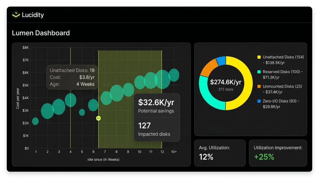 Lucidity block storage optimization dashboard showing idle disk categories and utilization metrics