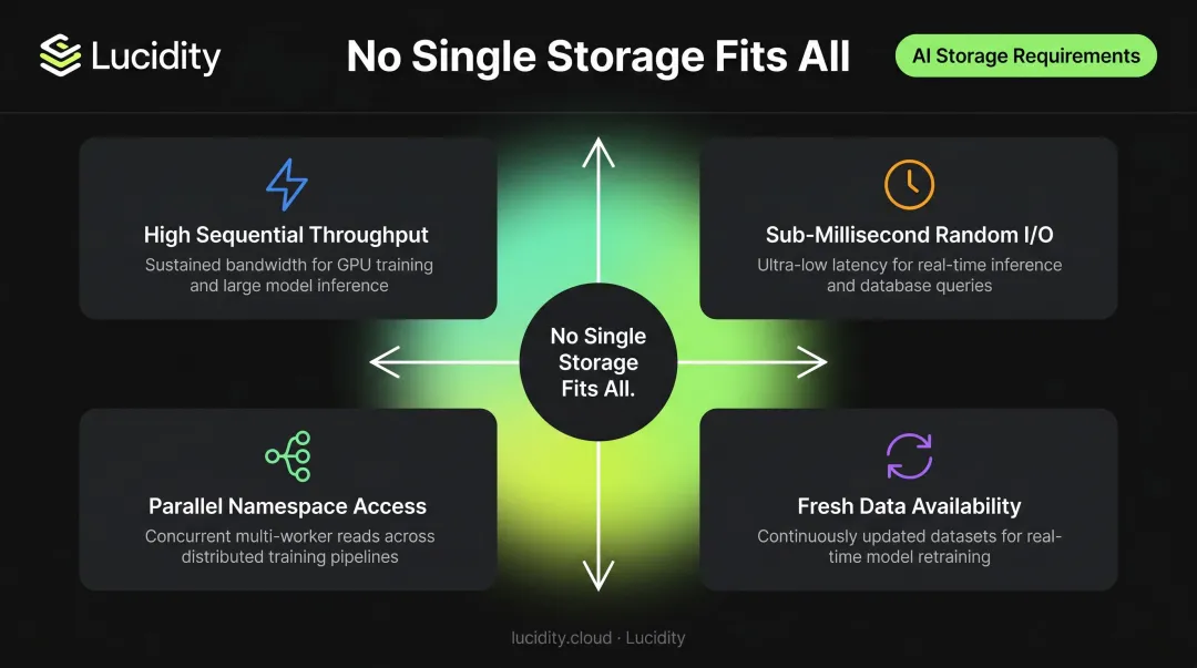 Four conflicting AI storage requirements pulling in opposite directions diagram