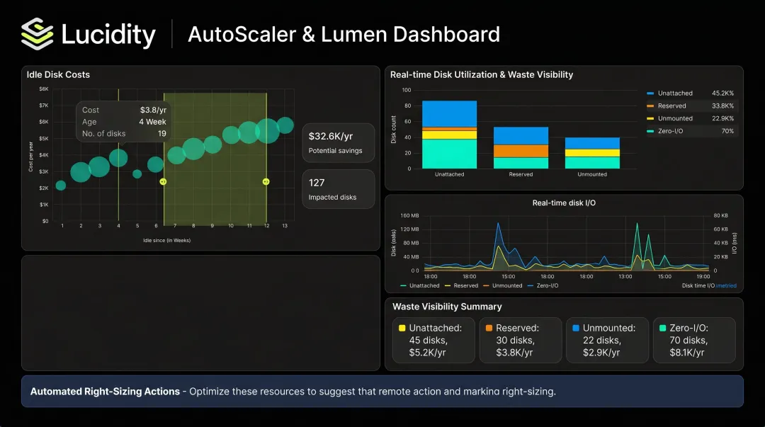 Lucidity AutoScaler and Lumen dashboard showing idle disk categories and real-time right-sizing
