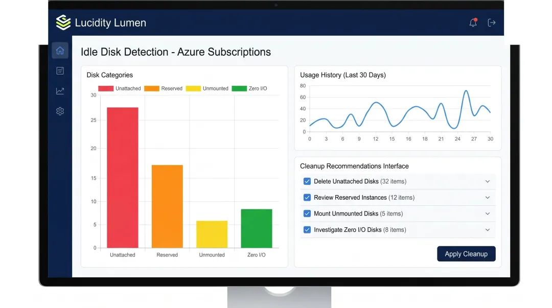 Lucidity Lumen dashboard displaying idle Azure disk categories and cleanup recommendations