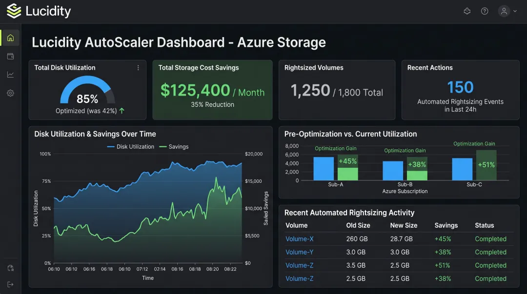 Lucidity AutoScaler dashboard displaying disk utilization improvement and storage cost savings