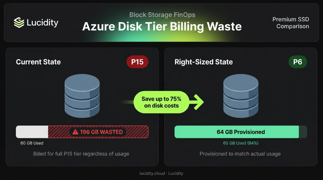 Azure managed disk SKU tier cost comparison showing over-provisioning waste example