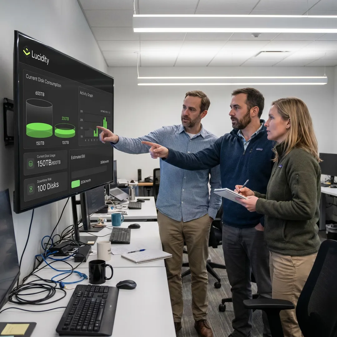 Engineers reviewing automated cloud storage optimization