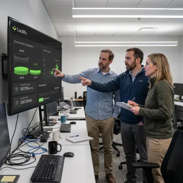 Engineers reviewing automated cloud storage optimization
