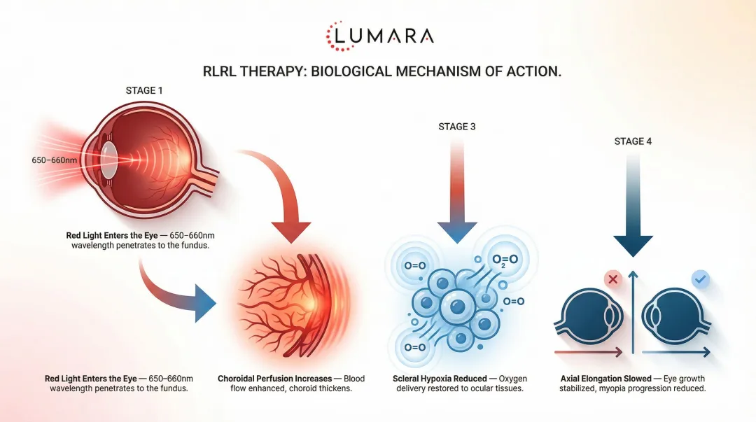 RLRL therapy mechanism showing red light choroid thickening and axial elongation reversal