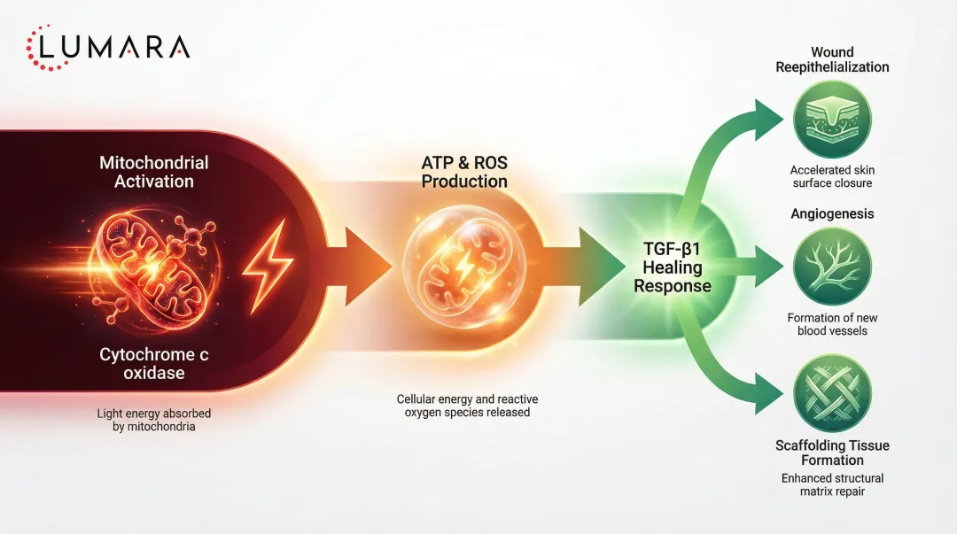 Red light therapy cellular healing cascade showing ATP collagen and angiogenesis mechanisms