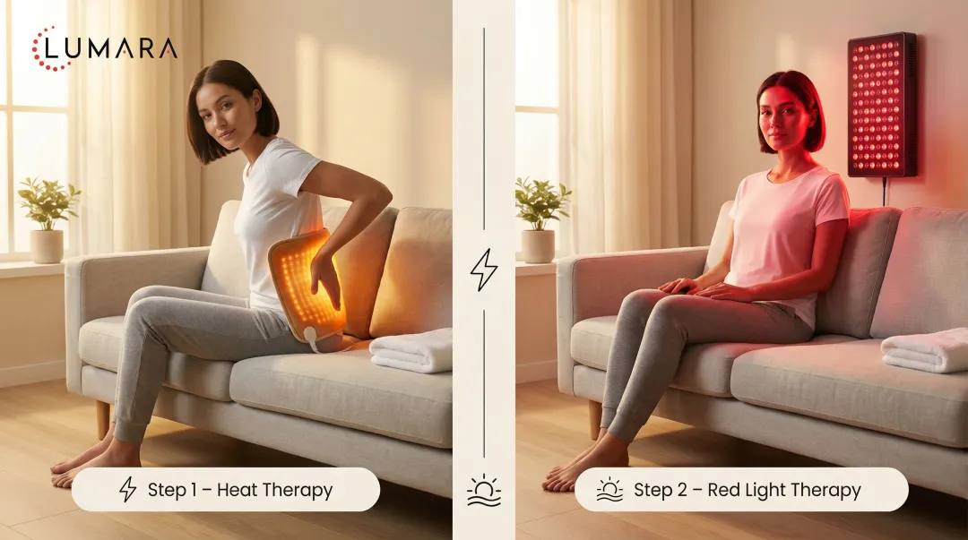 Person using red light therapy panel at home alongside heating pad recovery routine