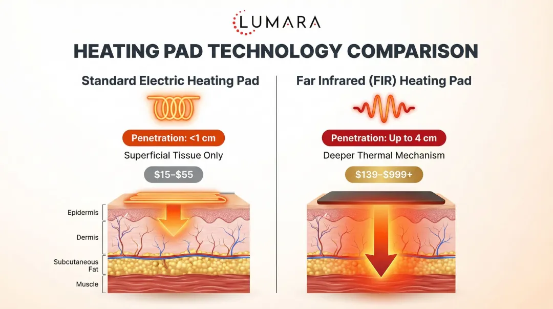 Standard heating pad versus far infrared pad penetration depth side-by-side comparison
