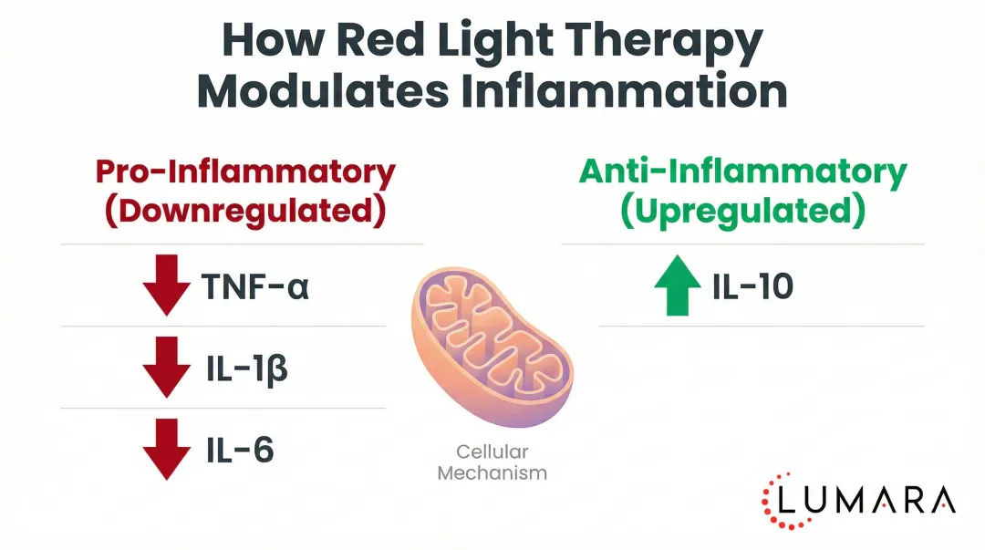 Red light therapy anti-inflammatory cytokine modulation downregulating TNF-alpha IL-1β and IL-6