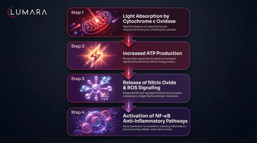 4-step photobiomodulation cellular mechanism triggered by red light therapy wavelengths