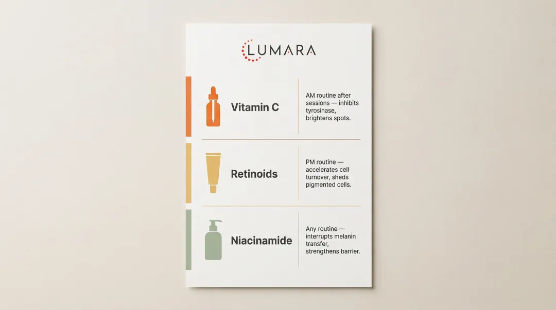 Three skincare actives paired with red light therapy timing and benefits breakdown