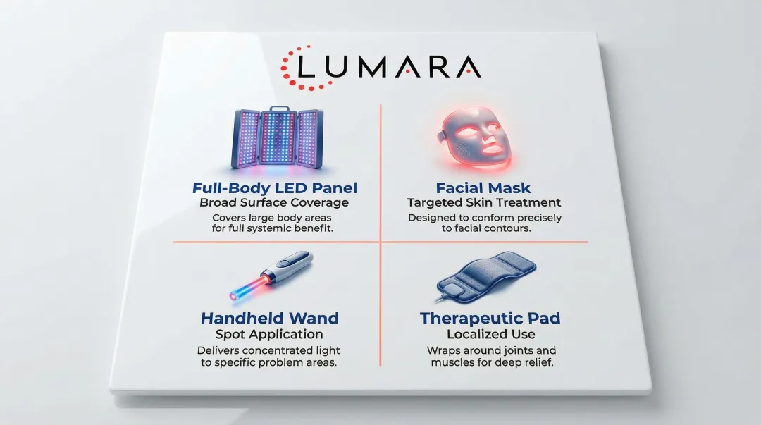 Four red light therapy device types comparison infographic for home and clinical use