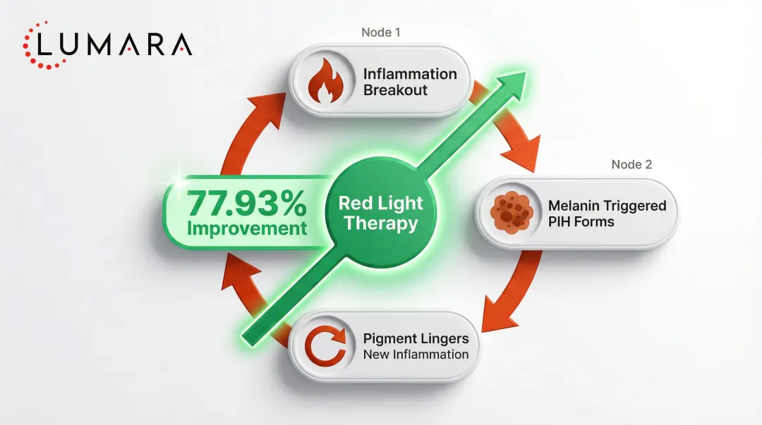 Inflammation to post-inflammatory hyperpigmentation cycle broken by red light therapy
