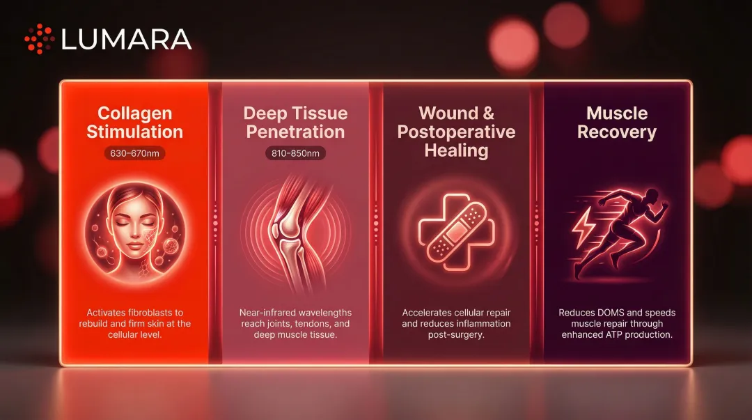 Four evidence-backed red light therapy benefits infographic for skin recovery and pain