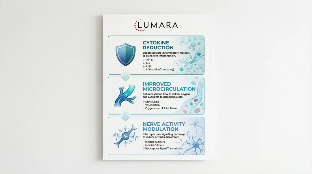 Three photobiomodulation mechanisms reducing arthritis inflammation and joint pain