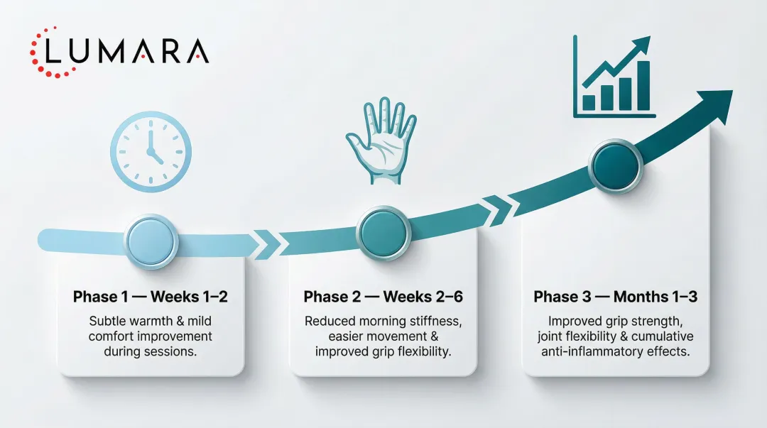 Three-phase red light therapy arthritis results timeline from weeks to months