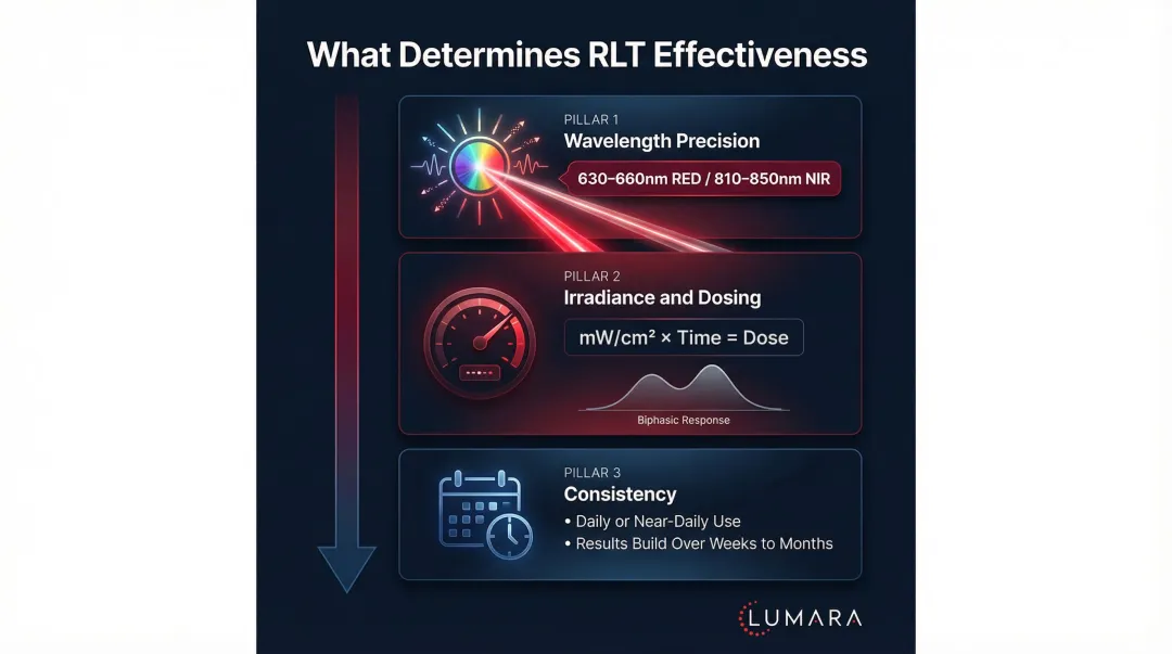 Three key factors determining red light therapy effectiveness wavelength irradiance and consistency