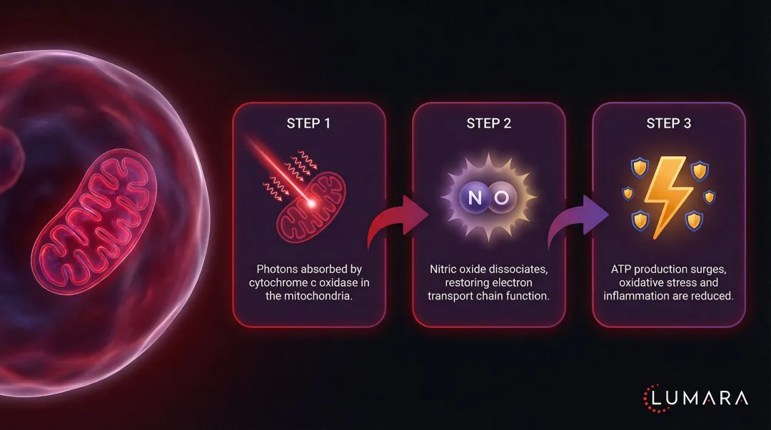 Red light therapy cellular mechanism showing mitochondria ATP production and nitric oxide pathway