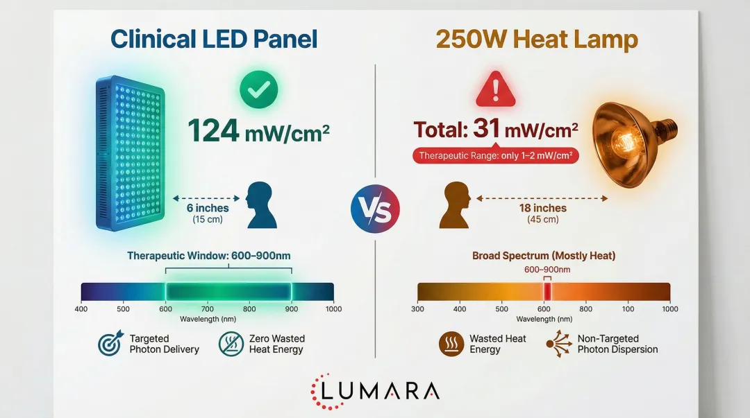 Red light therapy LED panel versus heat lamp irradiance output comparison infographic