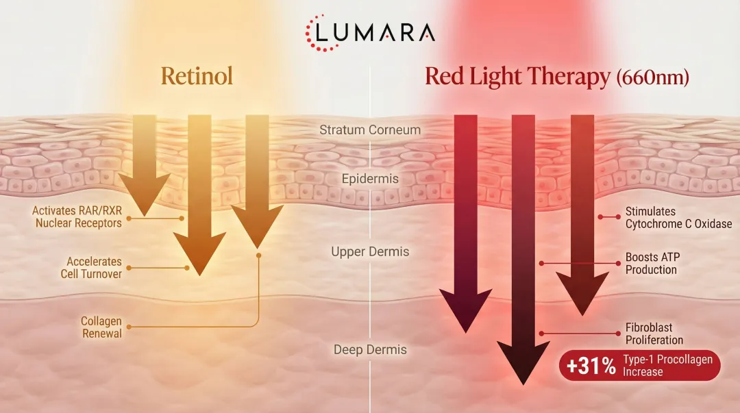 Retinol versus red light therapy skin depth comparison and collagen mechanisms