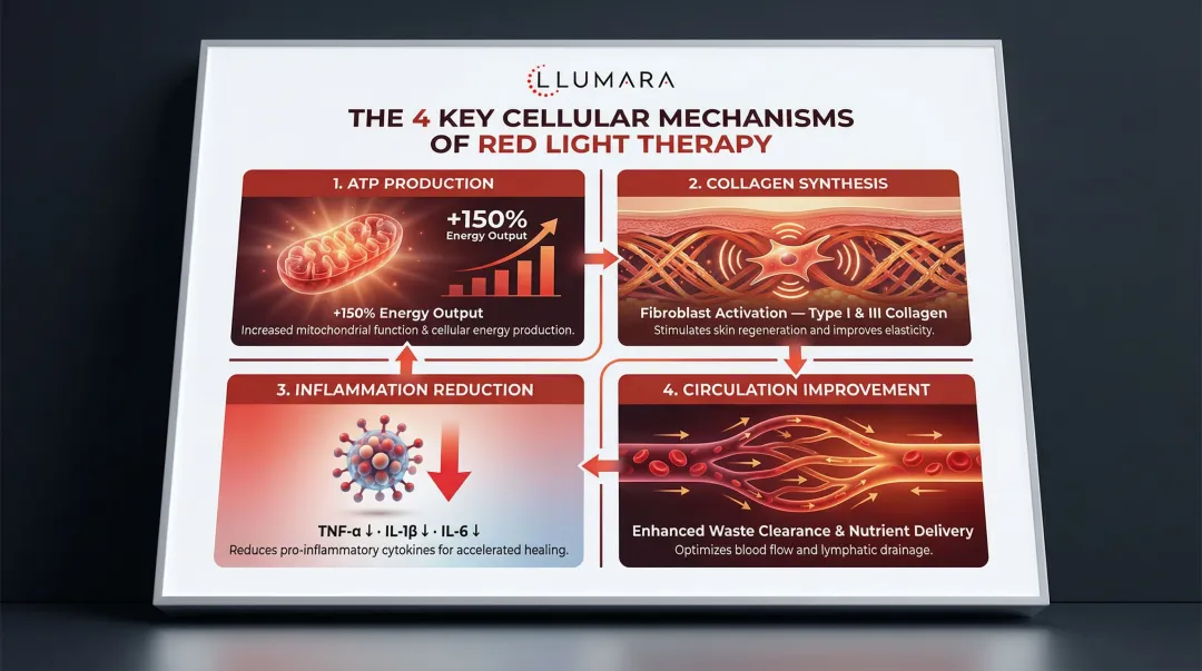 Four cellular mechanisms of red light therapy photobiomodulation healing process infographic