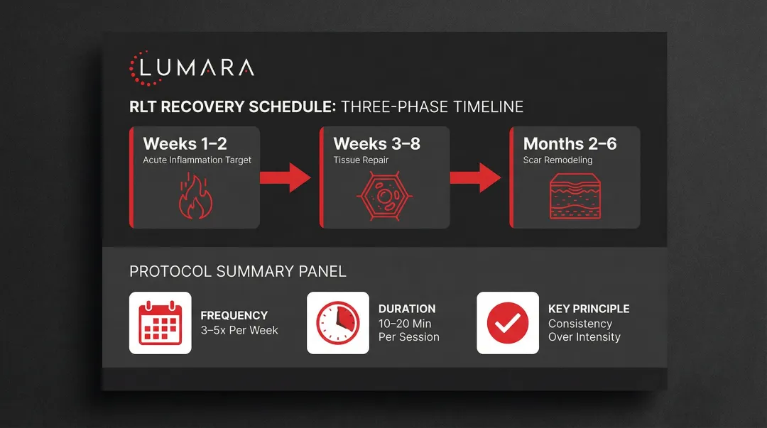 Red light therapy post-surgery treatment protocol timeline frequency duration phases infographic