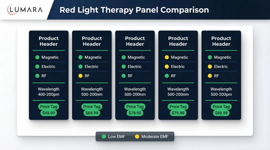 Five low EMF red light panel comparison chart with key EMF and wavelength specs