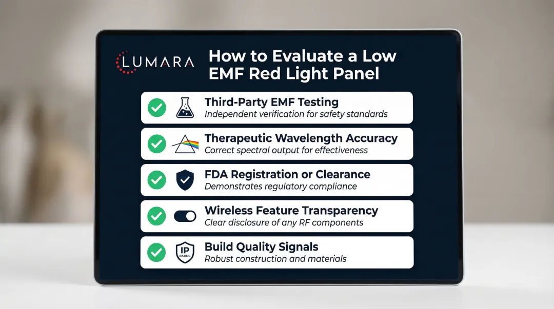 Low EMF red light panel selection criteria checklist with five verified quality factors