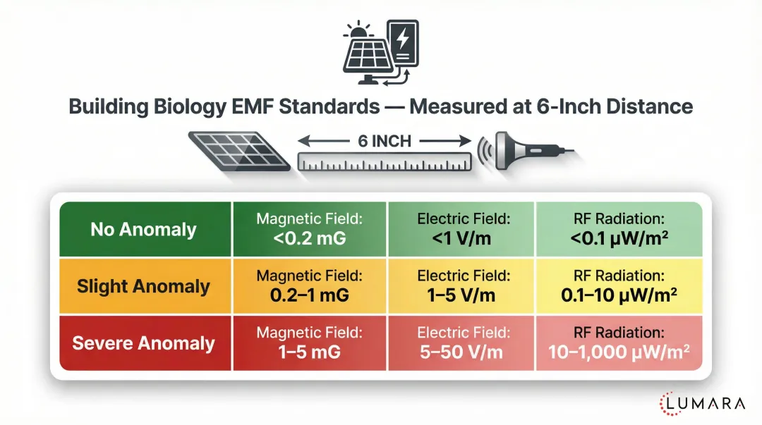 Building Biology EMF safety standards three-tier classification table at 6 inches