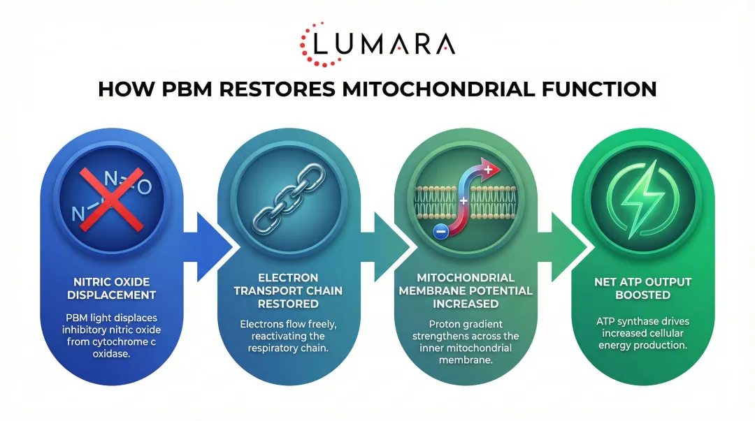 Photobiomodulation mechanism restoring mitochondrial function four-step process flow